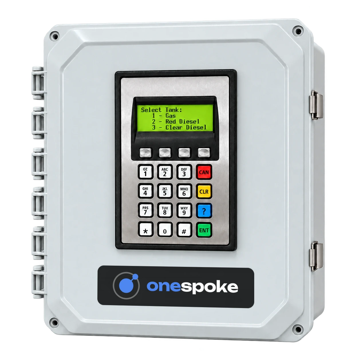 One Spoke FMS fuel station: a gray enclosure with a display, keypad and One Spoke label